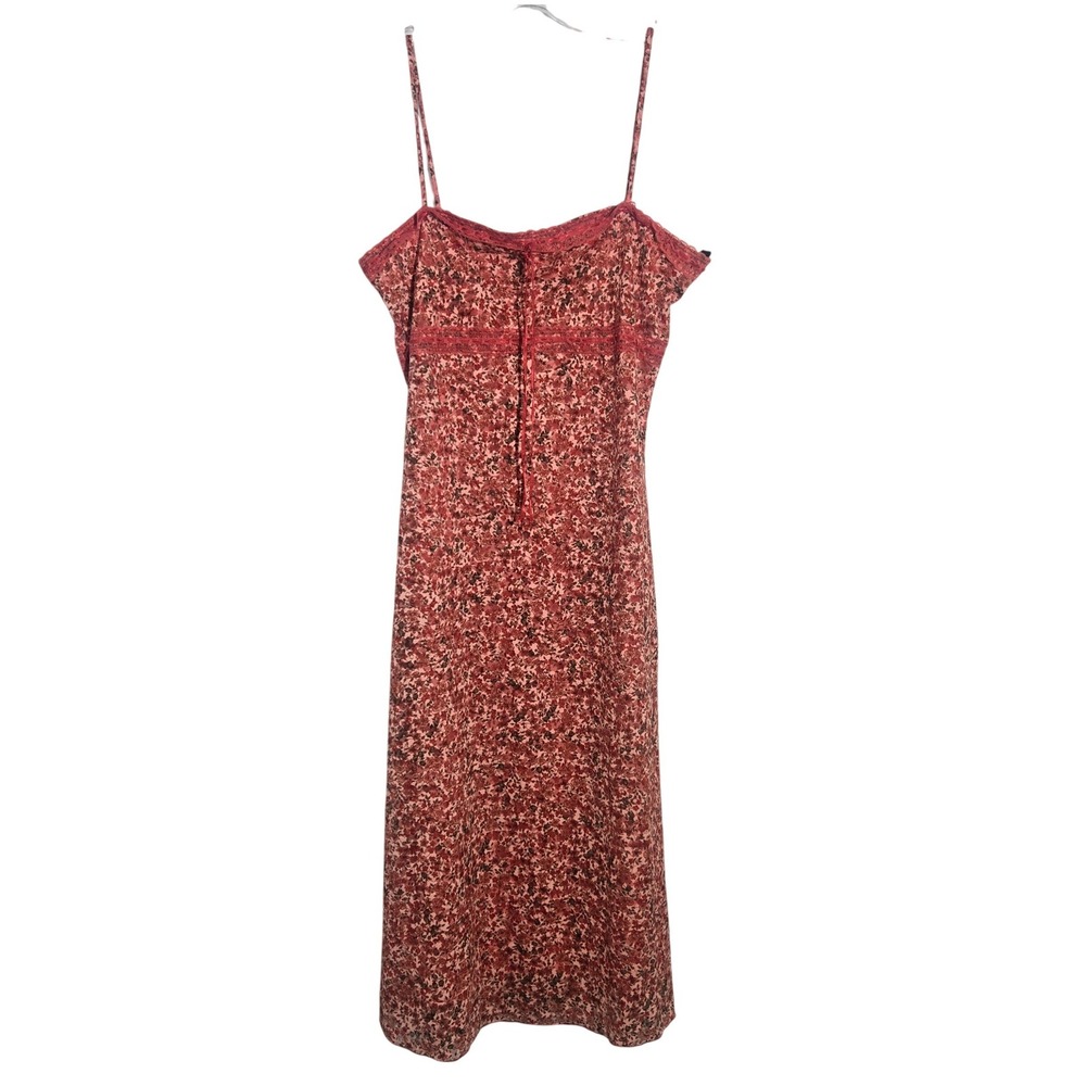 Vtg Y2K Finesse‎ USA Red Floral Mesh Midi Slip Dress Lace Trim Size Large USA